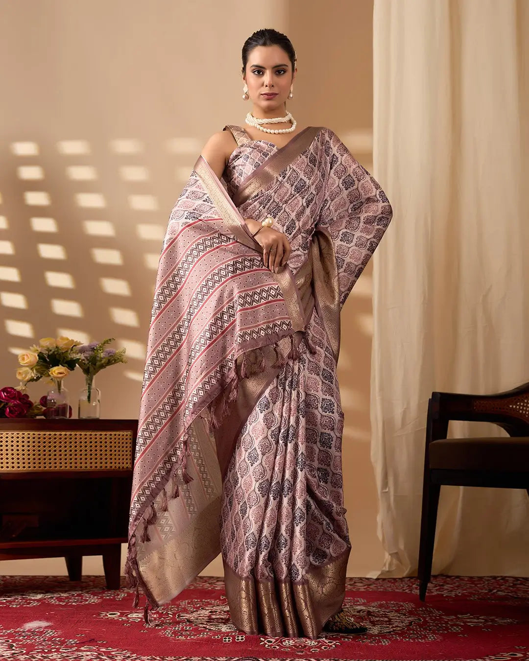 Floral Lichi Silk Saree with Zari Border