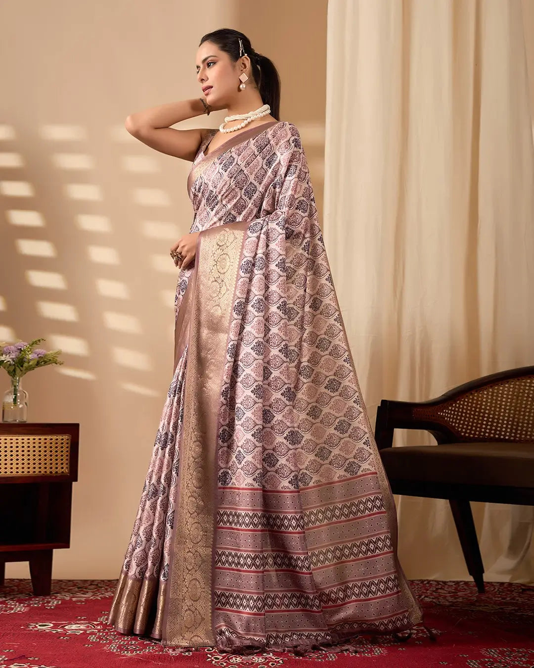 Floral Lichi Silk Saree with Zari Border