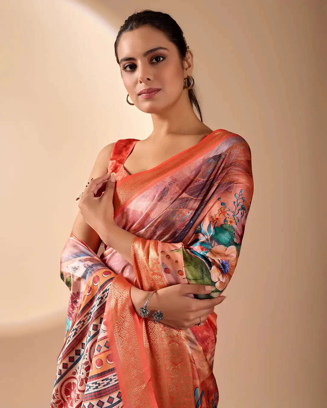 Floral Lichi Silk Saree with Zari Border