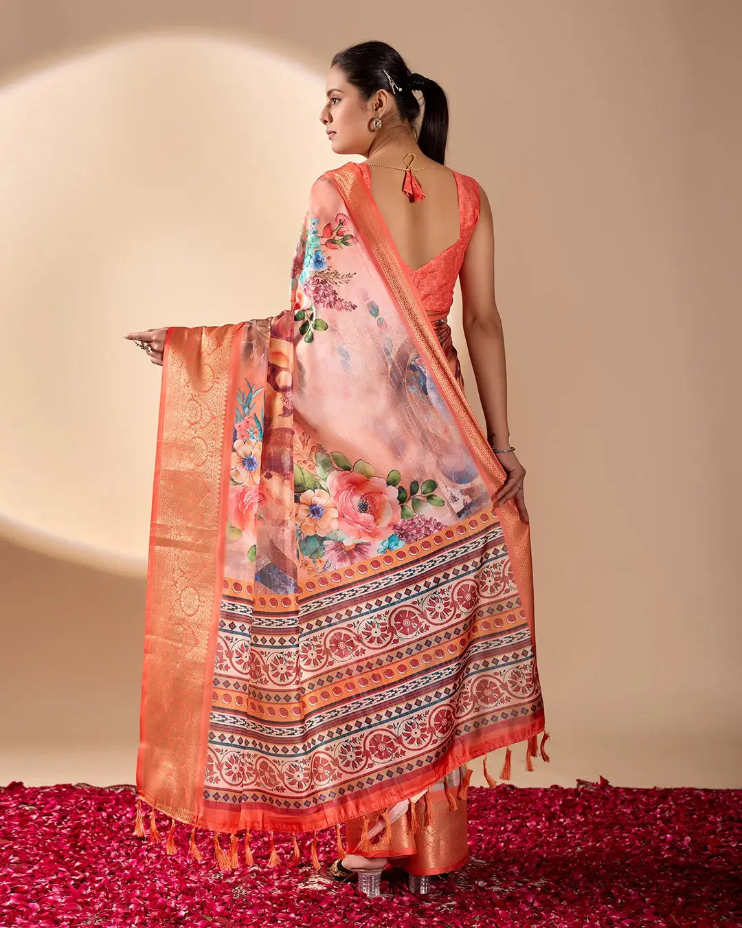 Floral Lichi Silk Saree with Zari Border