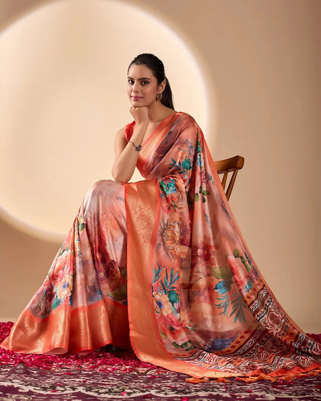 Floral Lichi Silk Saree with Zari Border