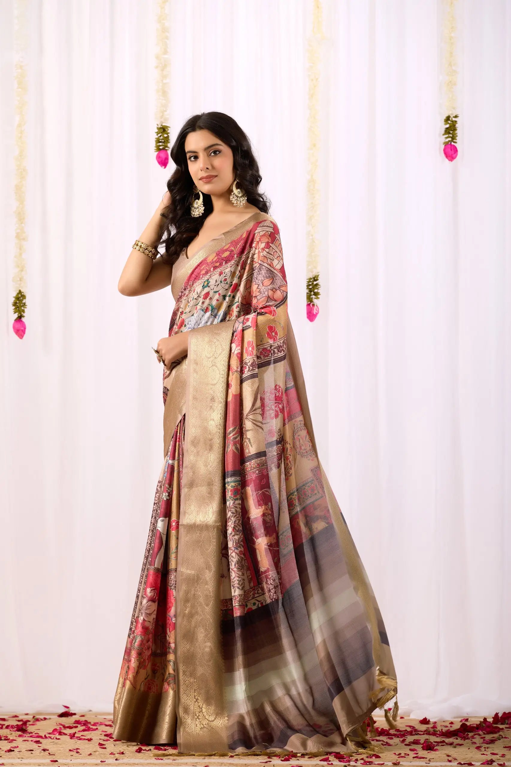 Floral Lichi Silk Saree with Zari Border