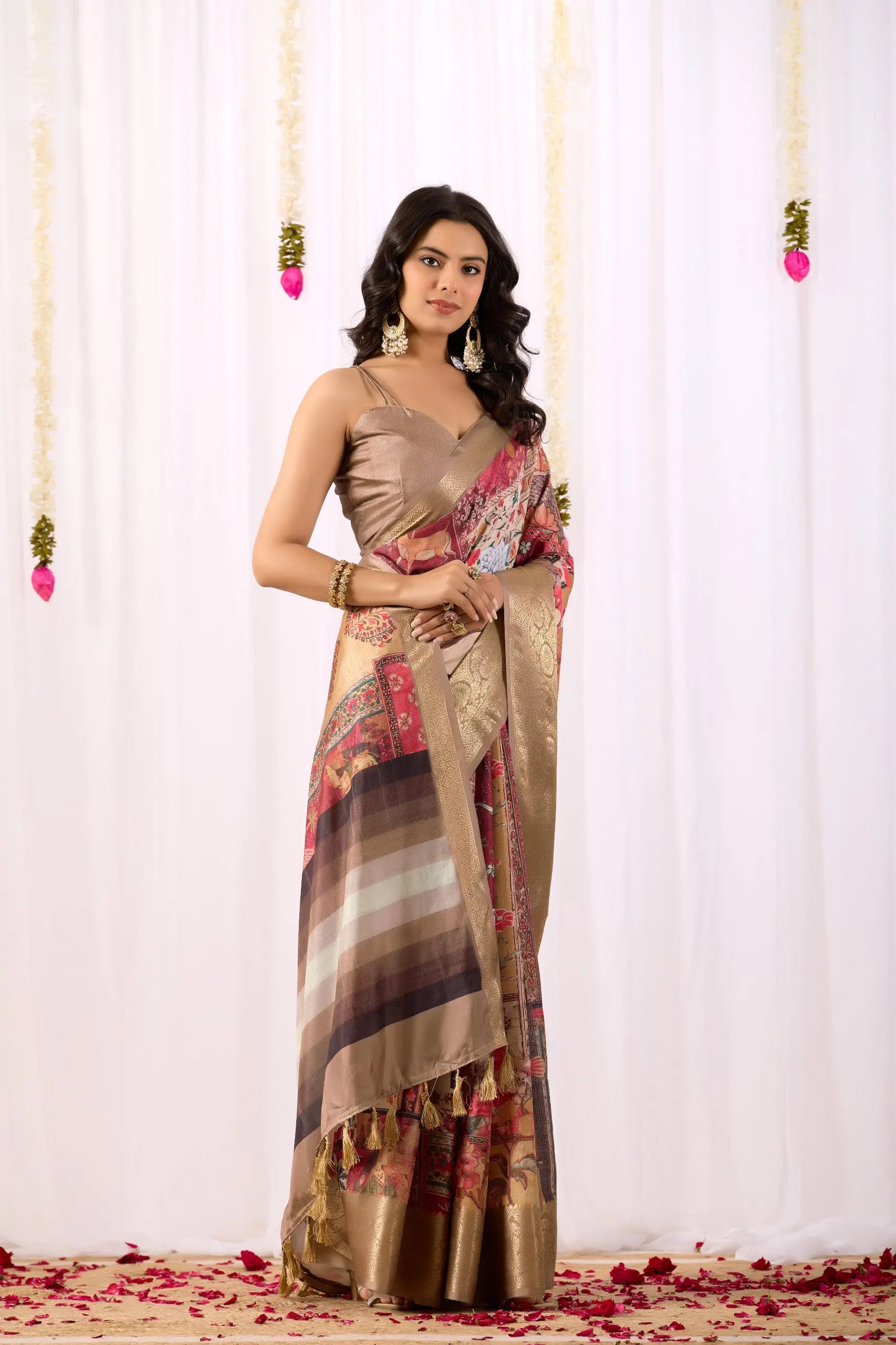 Floral Lichi Silk Saree with Zari Border