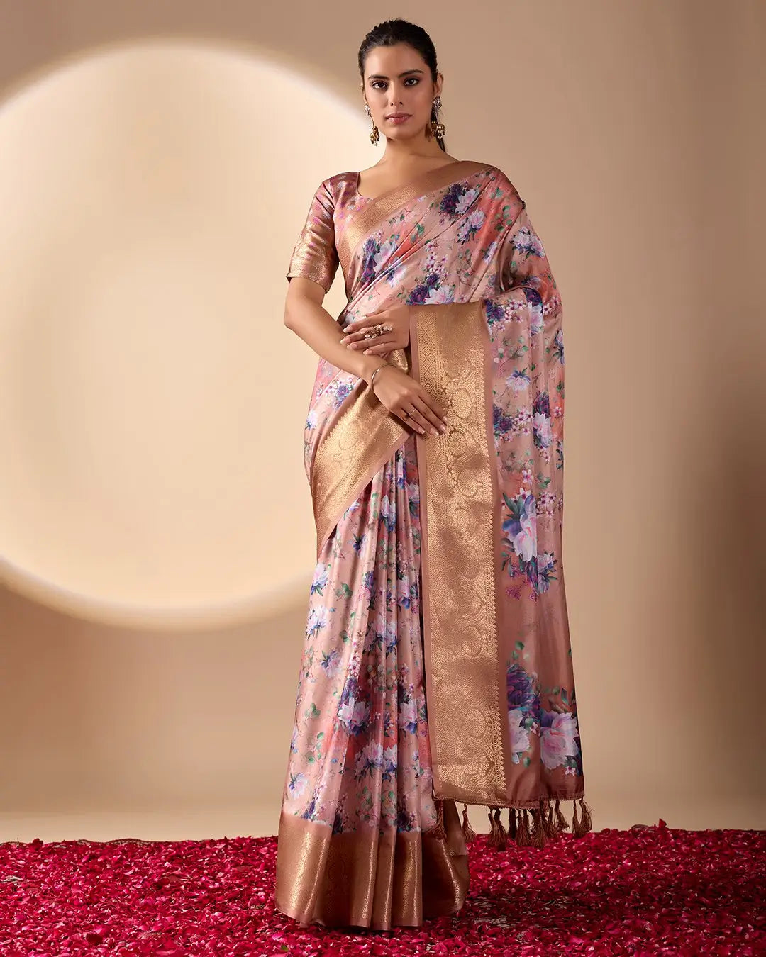 Floral Lichi Silk Saree with Zari Border