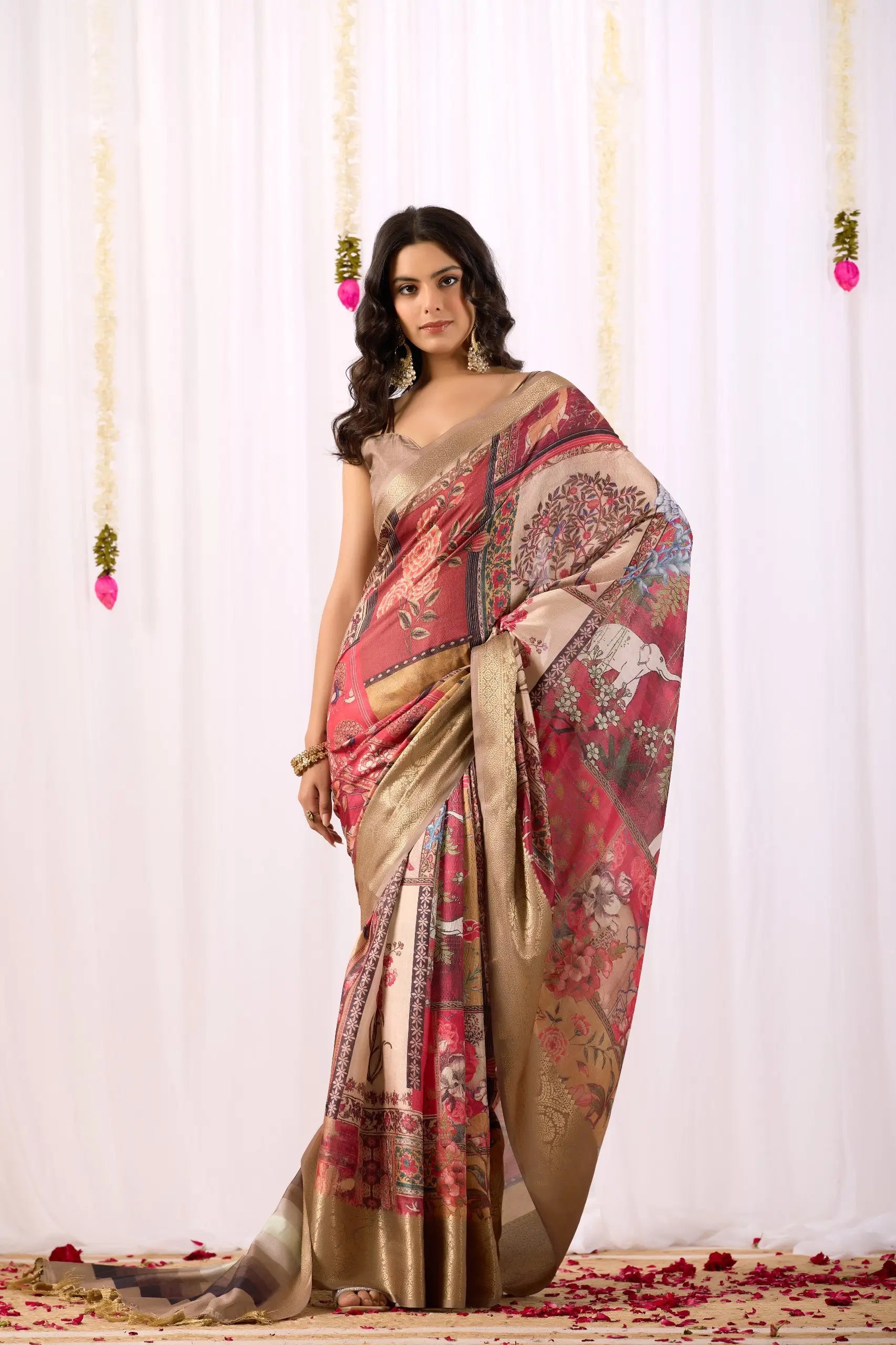 Floral Lichi Silk Saree with Zari Border