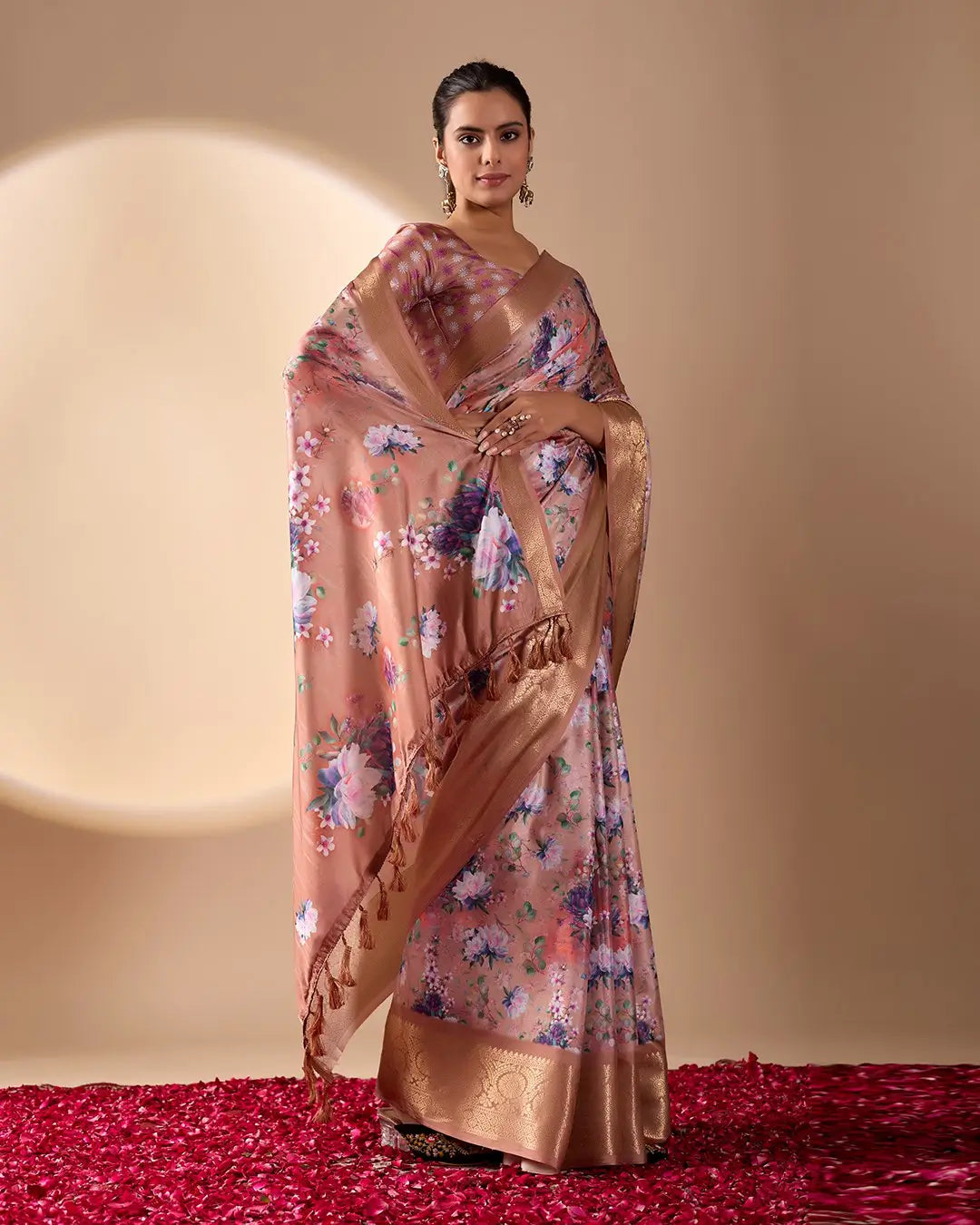 Floral Lichi Silk Saree with Zari Border