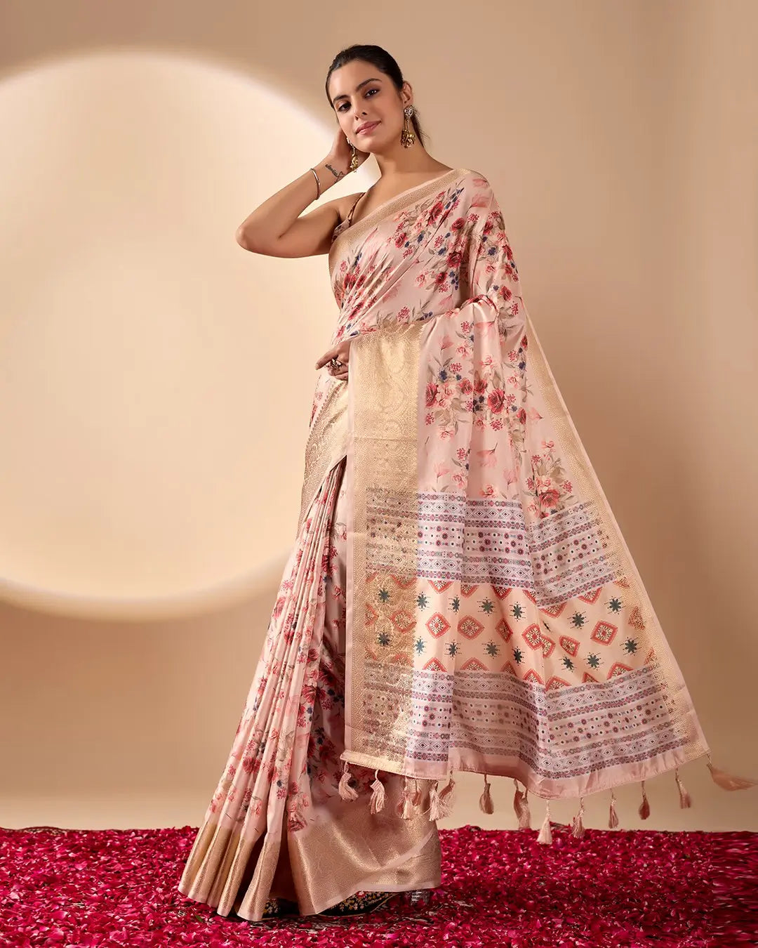 Floral Lichi Silk Saree with Zari Border