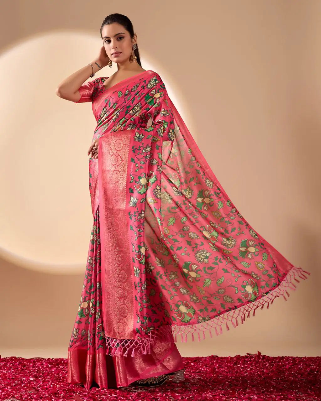 Floral Lichi Silk Saree with Zari Border