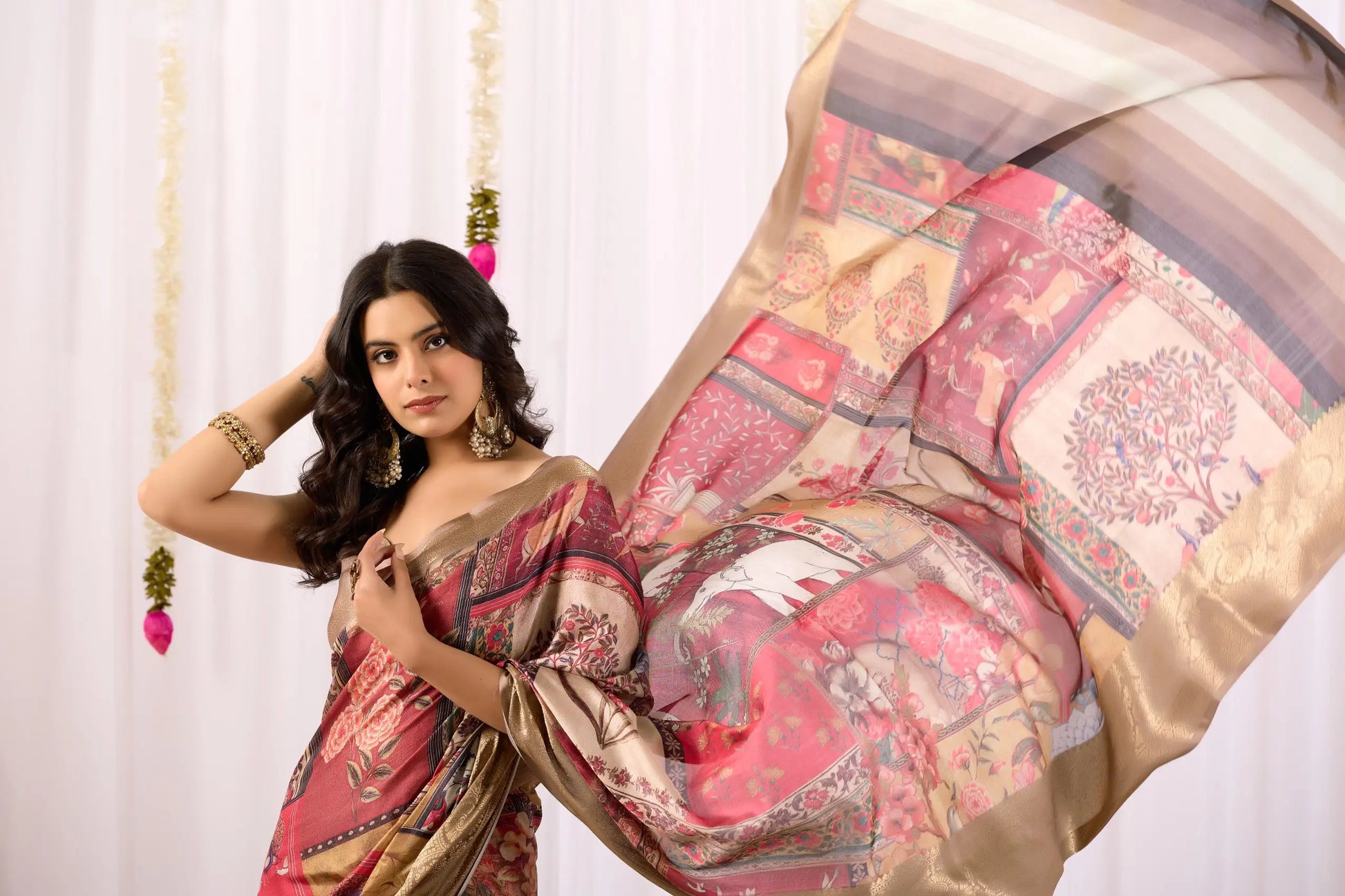 Floral Lichi Silk Saree with Zari Border
