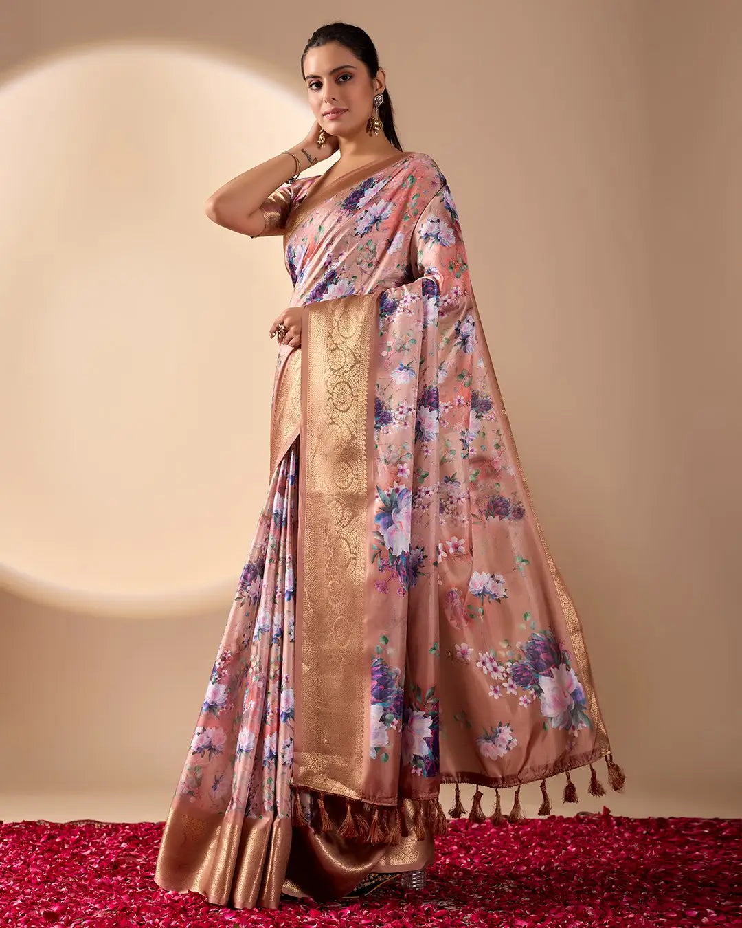 Floral Lichi Silk Saree with Zari Border