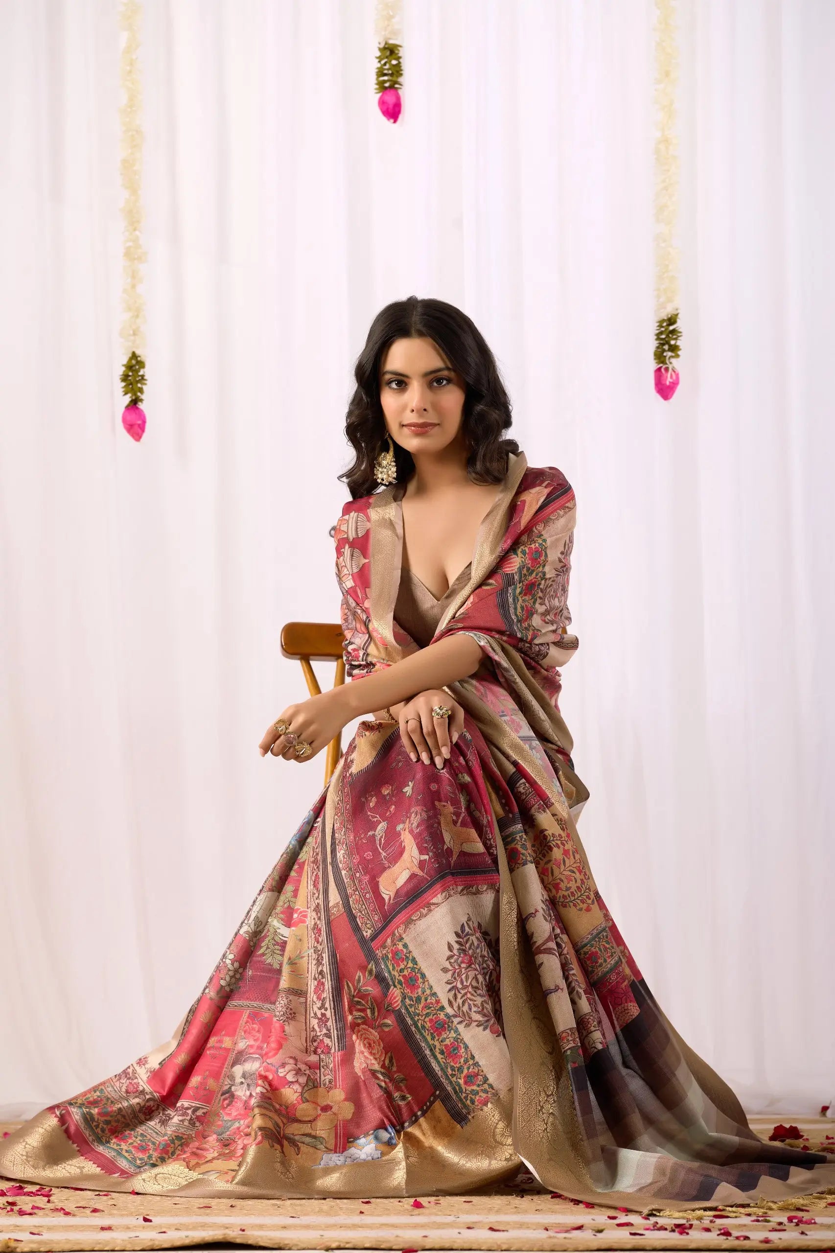 Floral Lichi Silk Saree with Zari Border