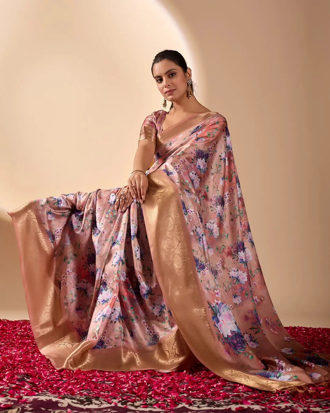 Floral Lichi Silk Saree with Zari Border