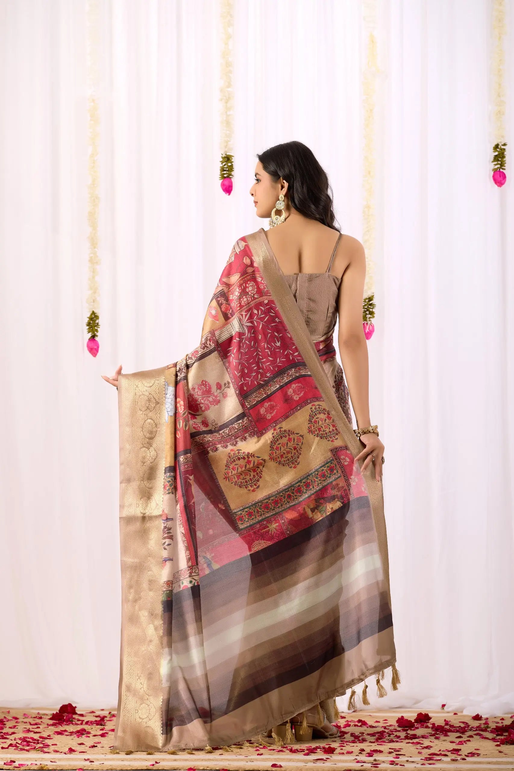 Floral Lichi Silk Saree with Zari Border