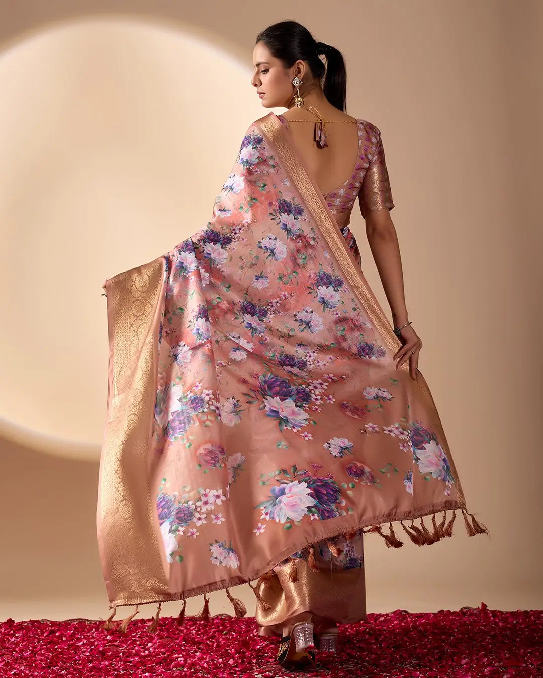 Floral Lichi Silk Saree with Zari Border