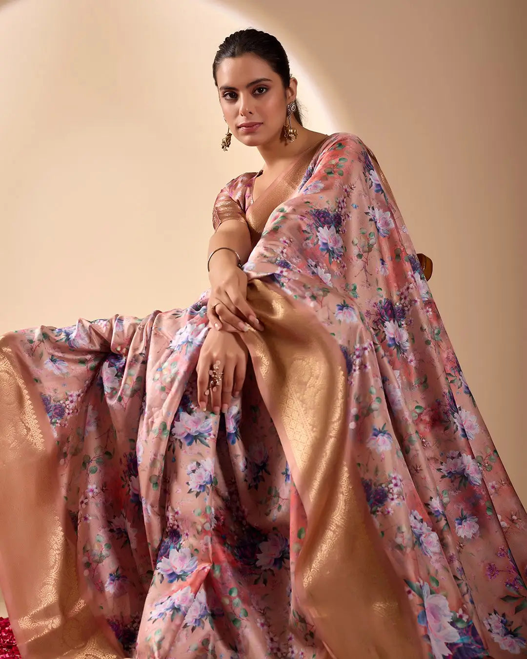 Floral Lichi Silk Saree with Zari Border
