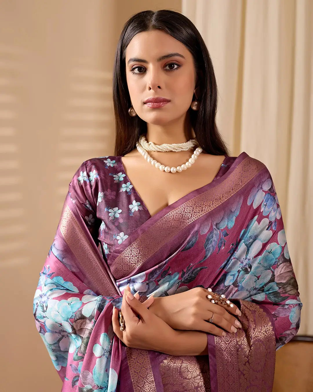 Floral Lichi Silk Saree with Zari Border