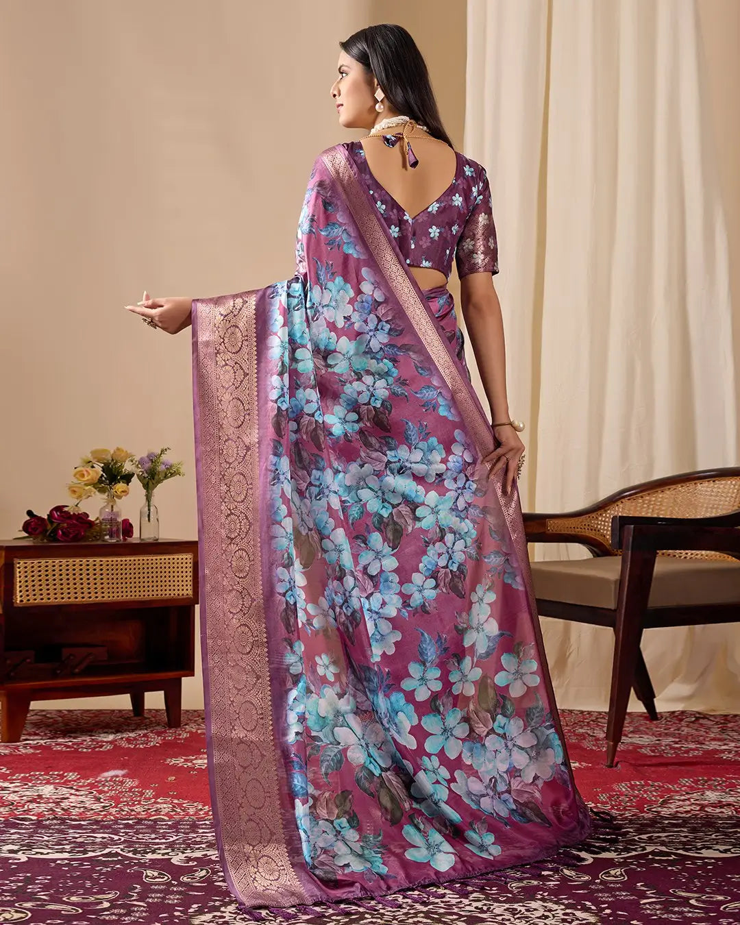 Floral Lichi Silk Saree with Zari Border