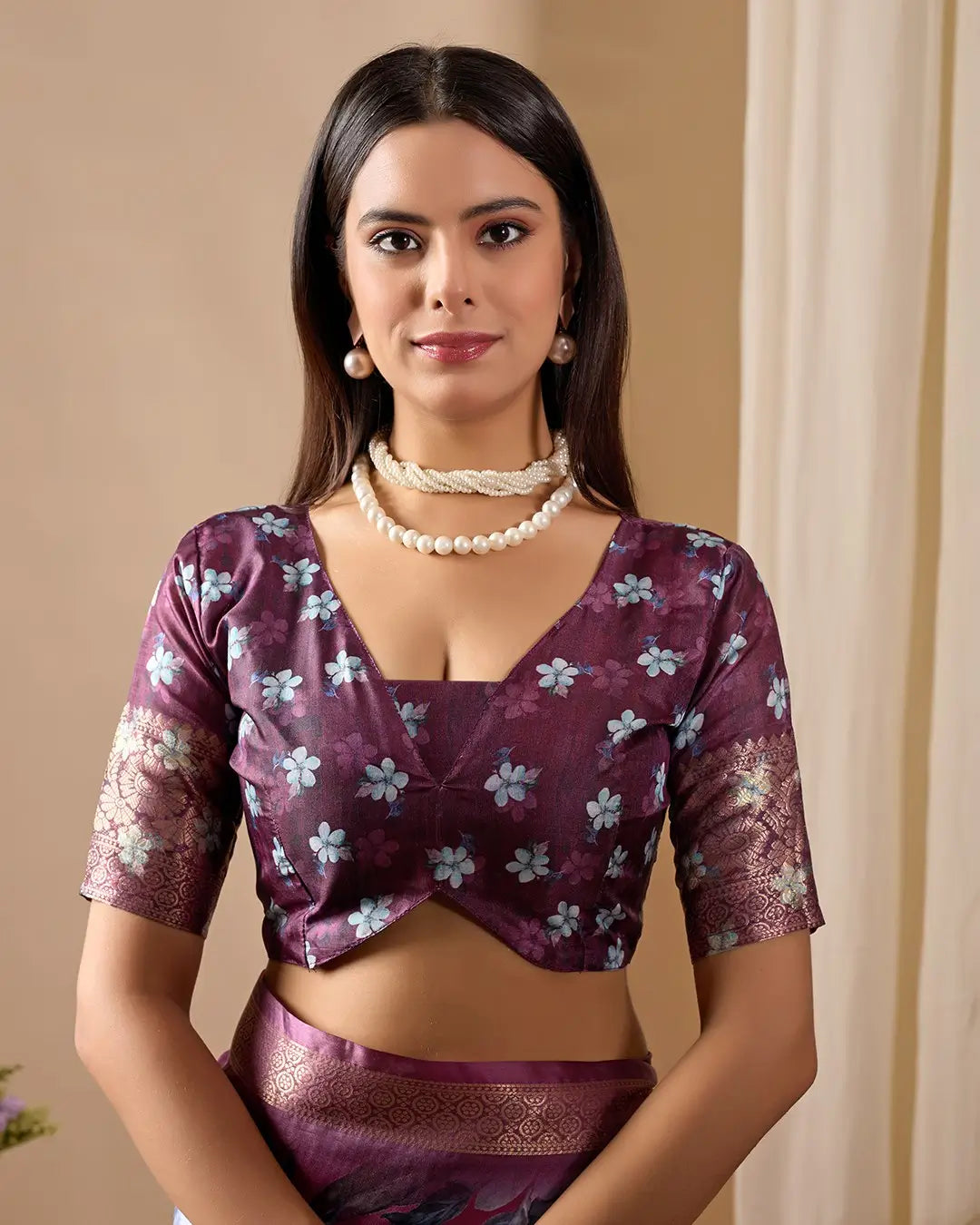 Floral Lichi Silk Saree with Zari Border