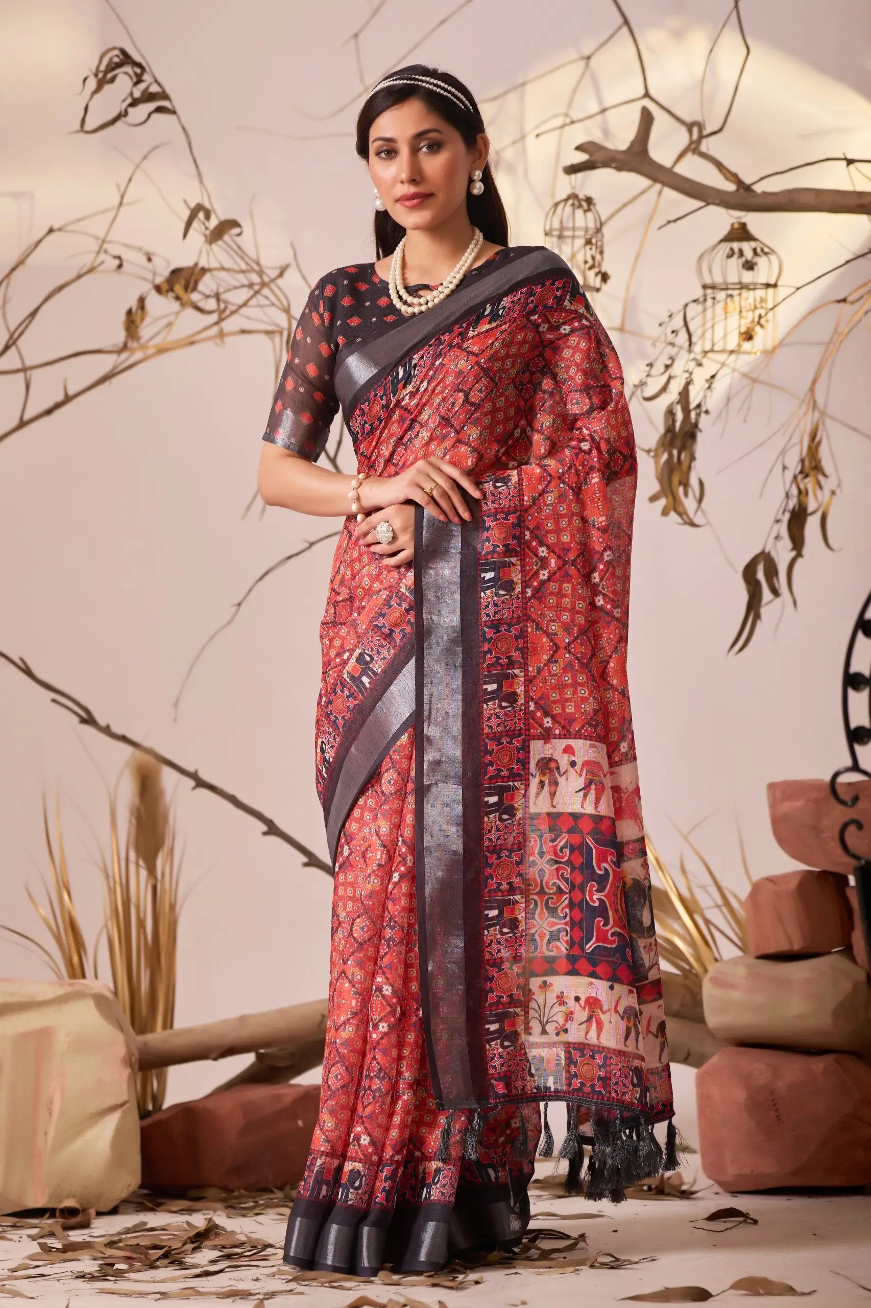 Floral Lichi Silk Saree with Zari Border