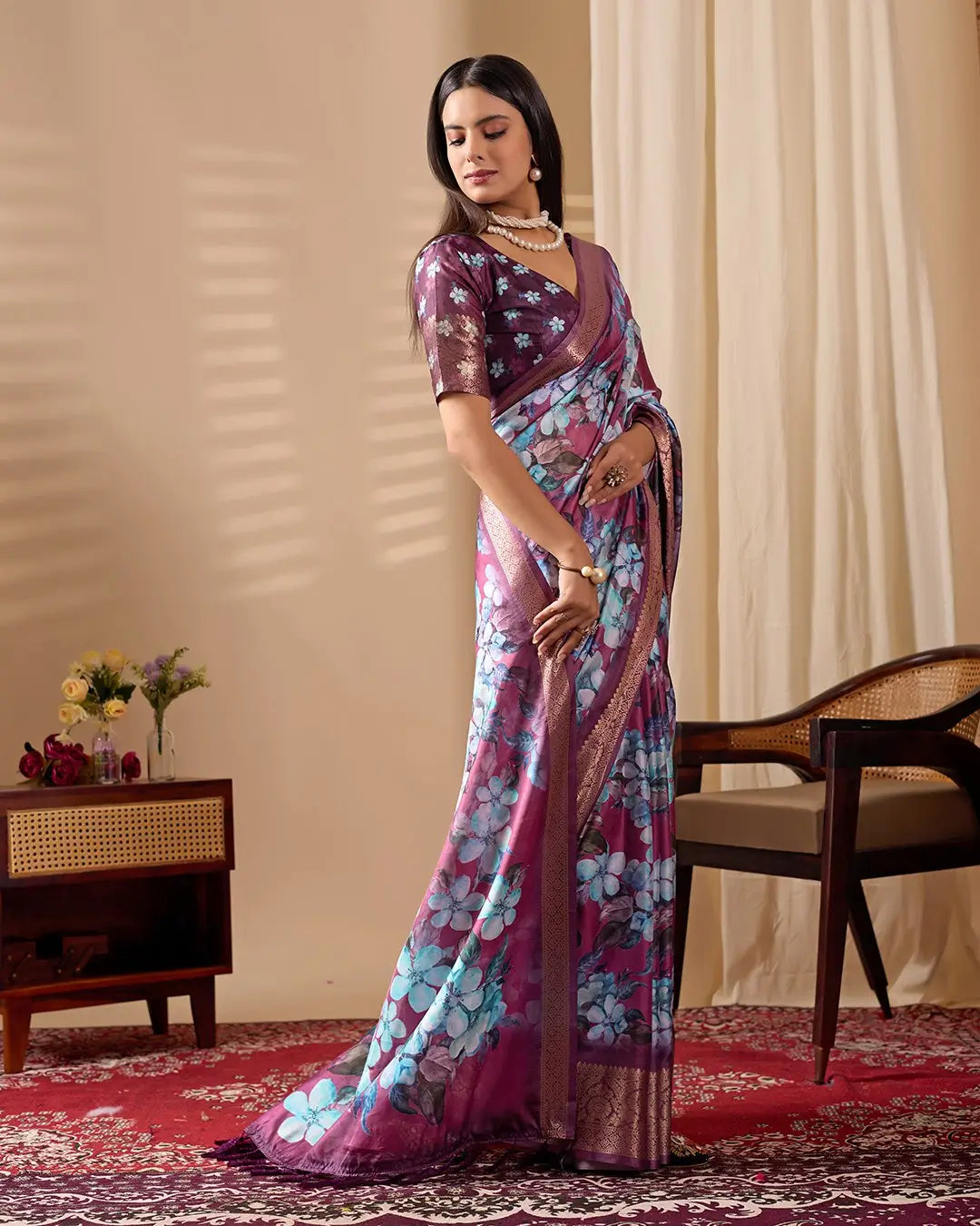 Floral Lichi Silk Saree with Zari Border