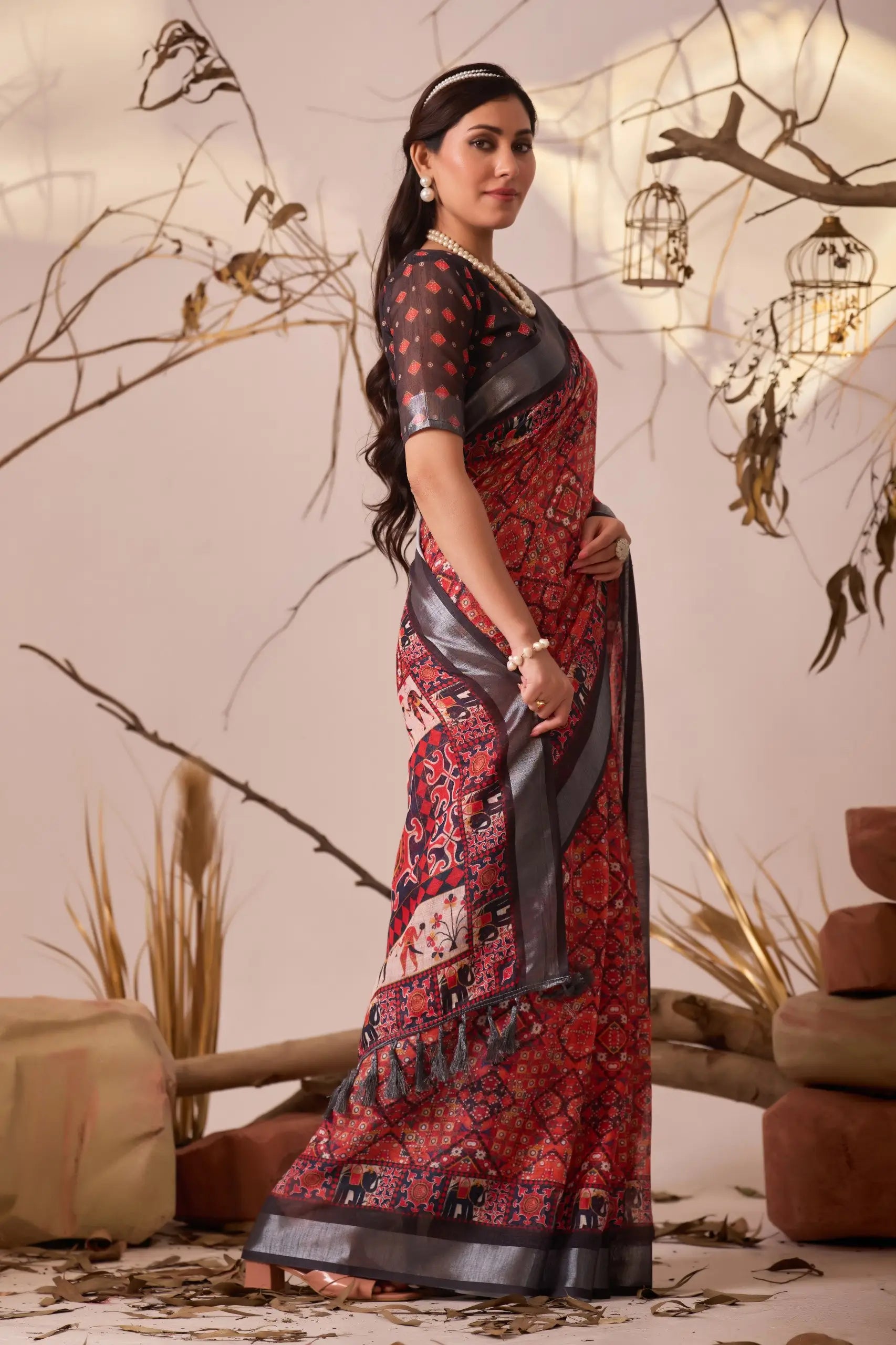 Floral Lichi Silk Saree with Zari Border