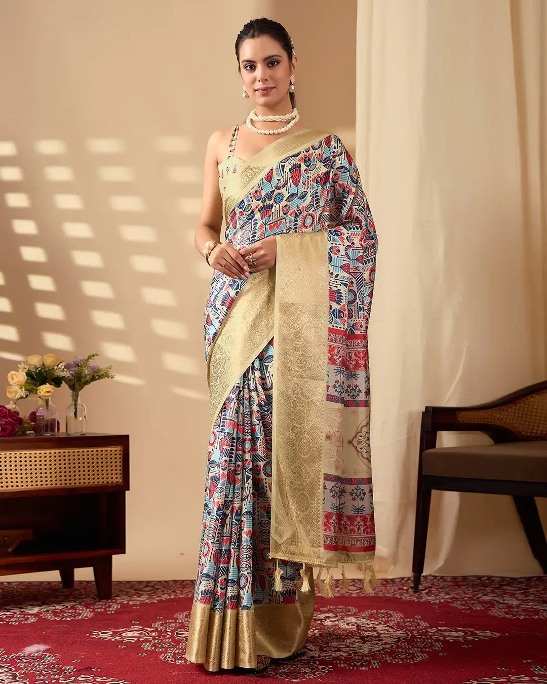 Floral Lichi Silk Saree with Zari Border