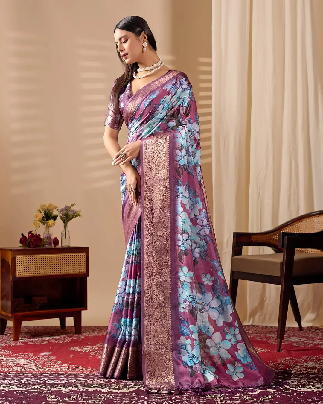 Floral Lichi Silk Saree with Zari Border