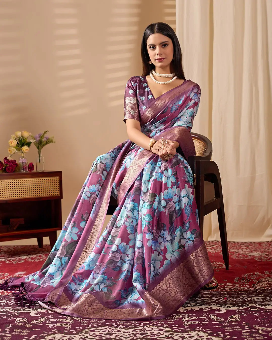 Floral Lichi Silk Saree with Zari Border
