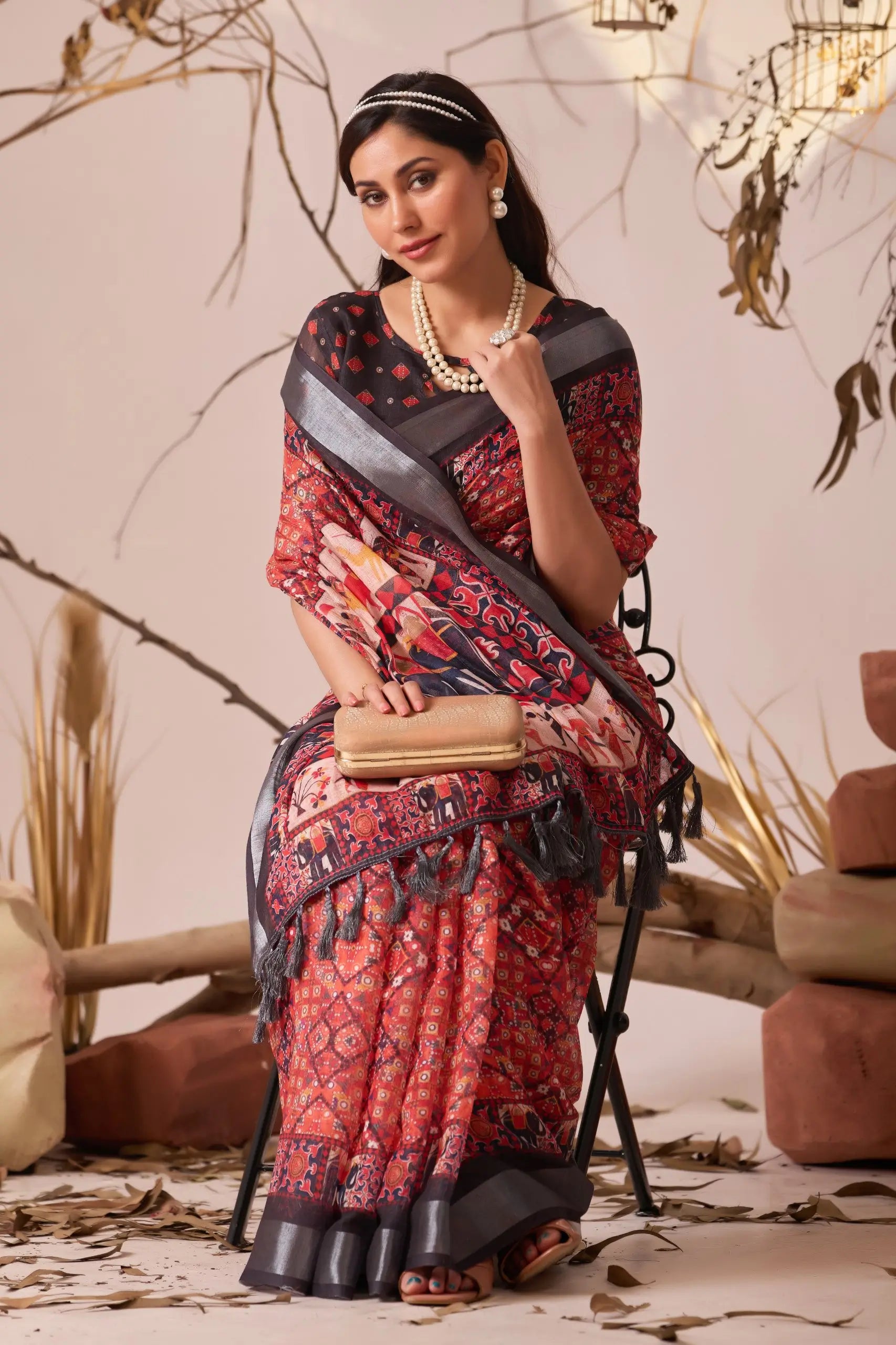 Floral Lichi Silk Saree with Zari Border