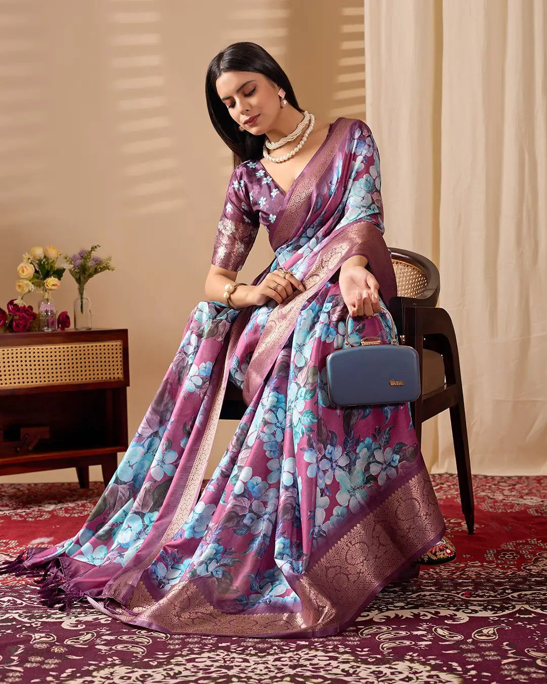 Floral Lichi Silk Saree with Zari Border