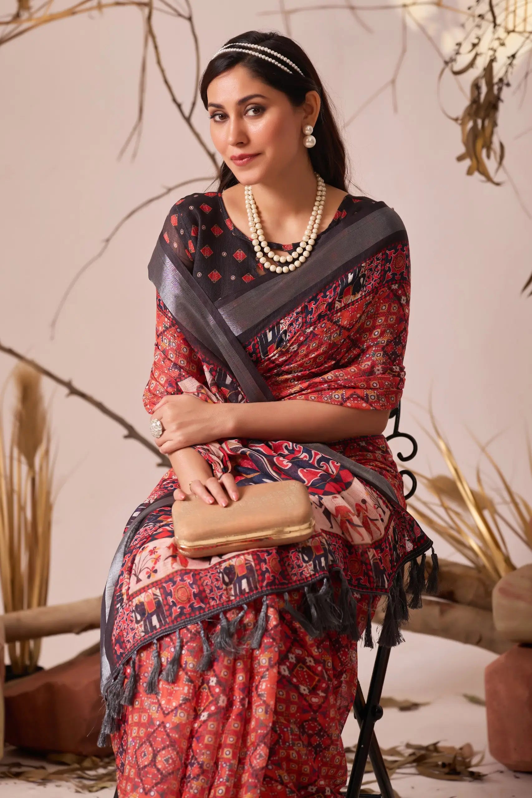 Floral Lichi Silk Saree with Zari Border