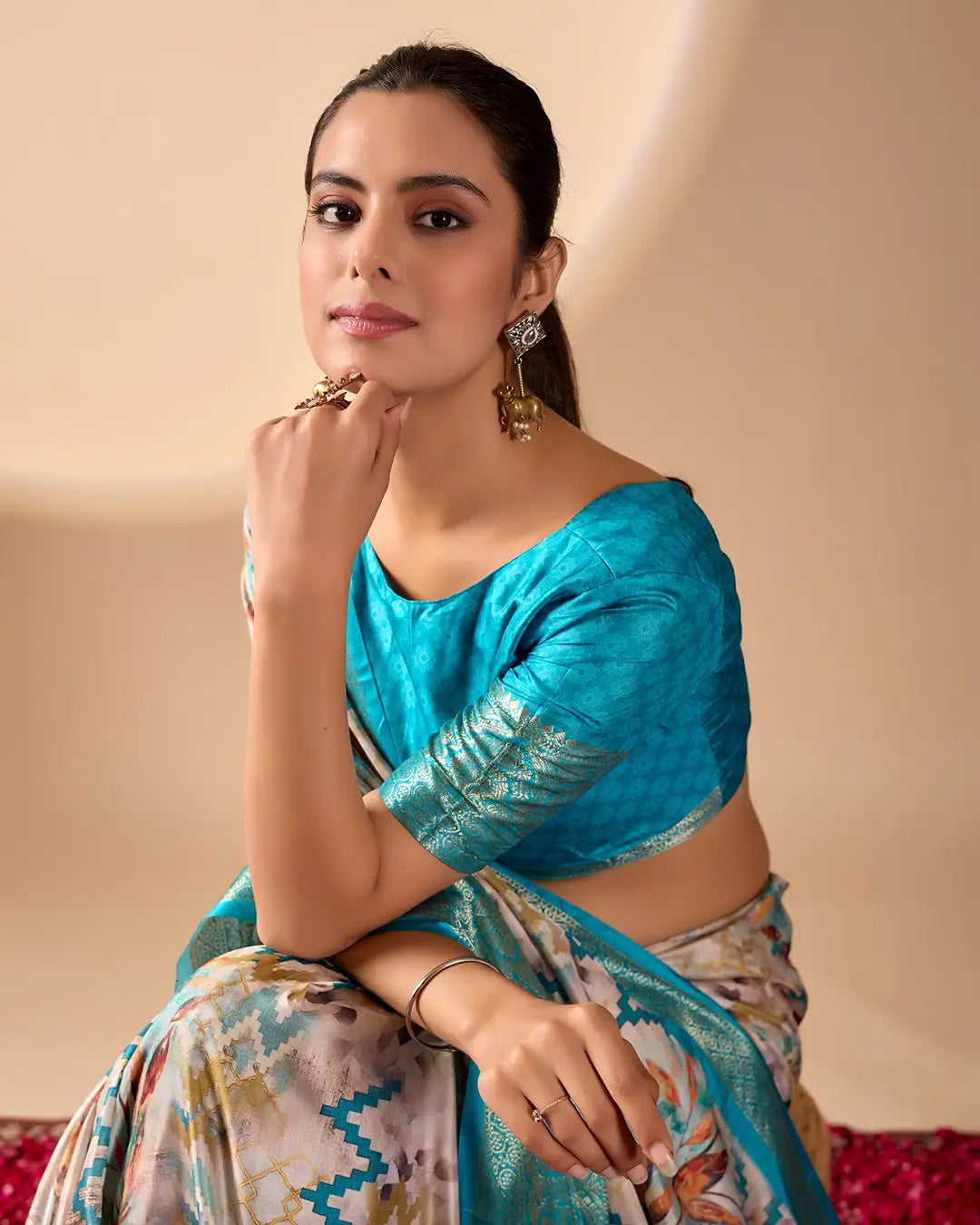 Floral Lichi Silk Saree with Zari Border