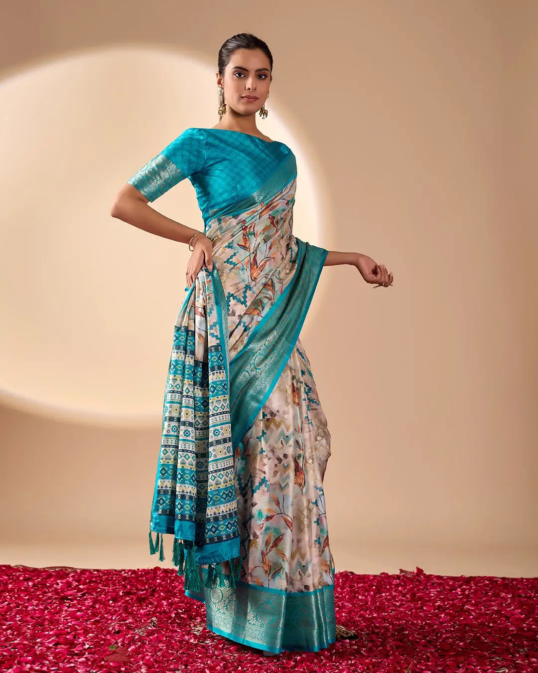 Floral Lichi Silk Saree with Zari Border