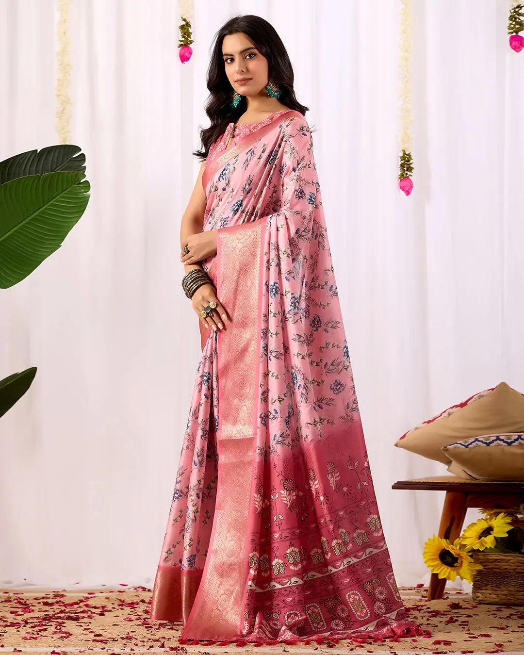 Floral Lichi Silk Saree with Zari Border