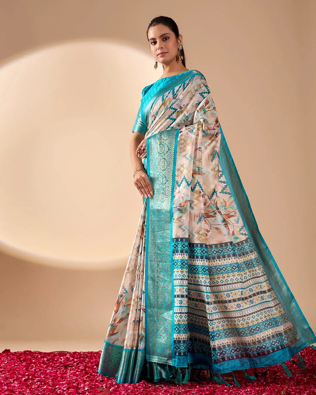 Floral Lichi Silk Saree with Zari Border