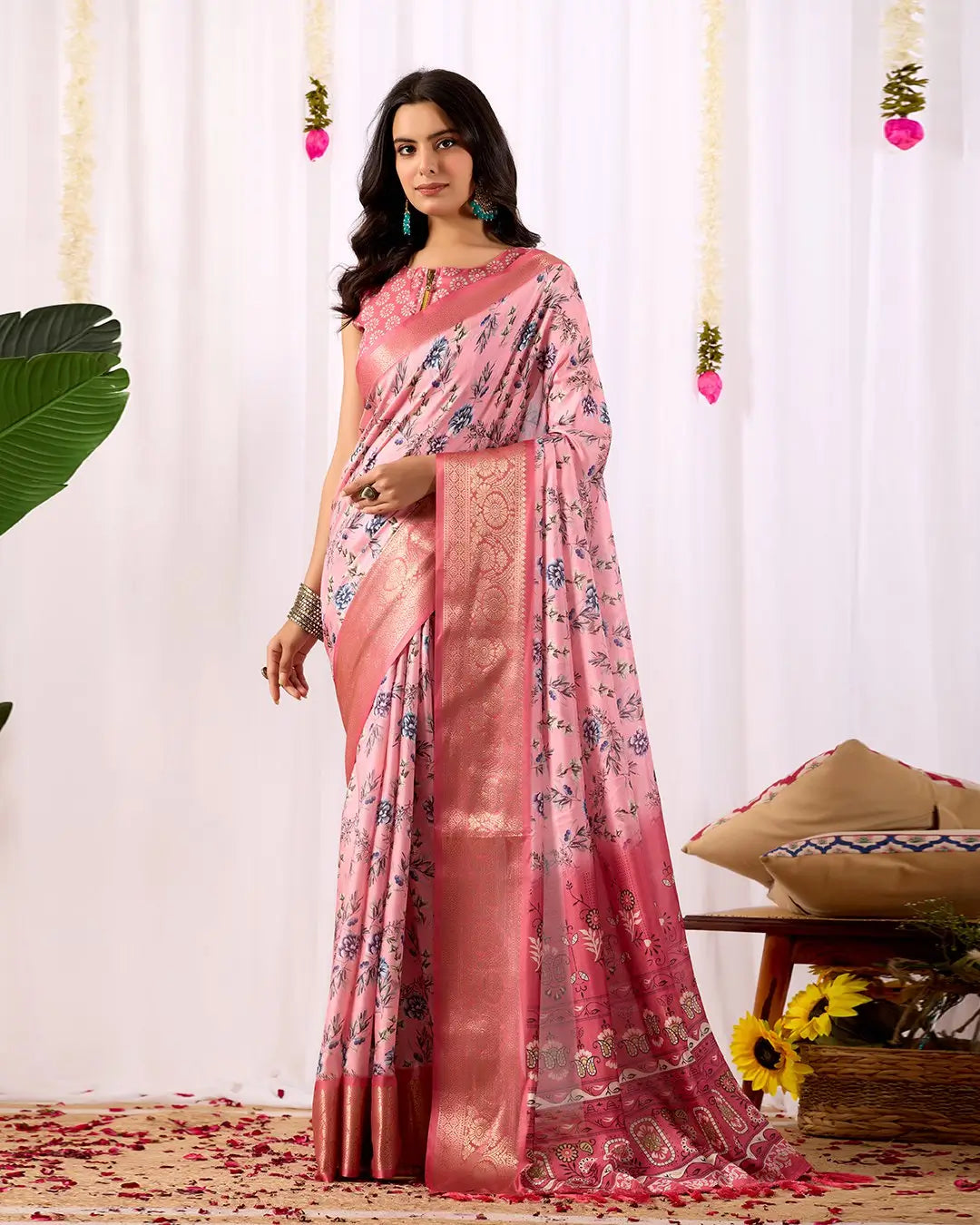Floral Lichi Silk Saree with Zari Border