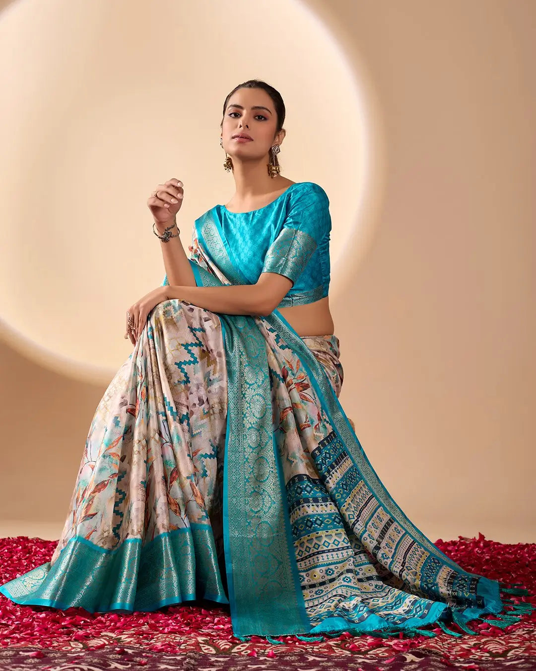 Floral Lichi Silk Saree with Zari Border