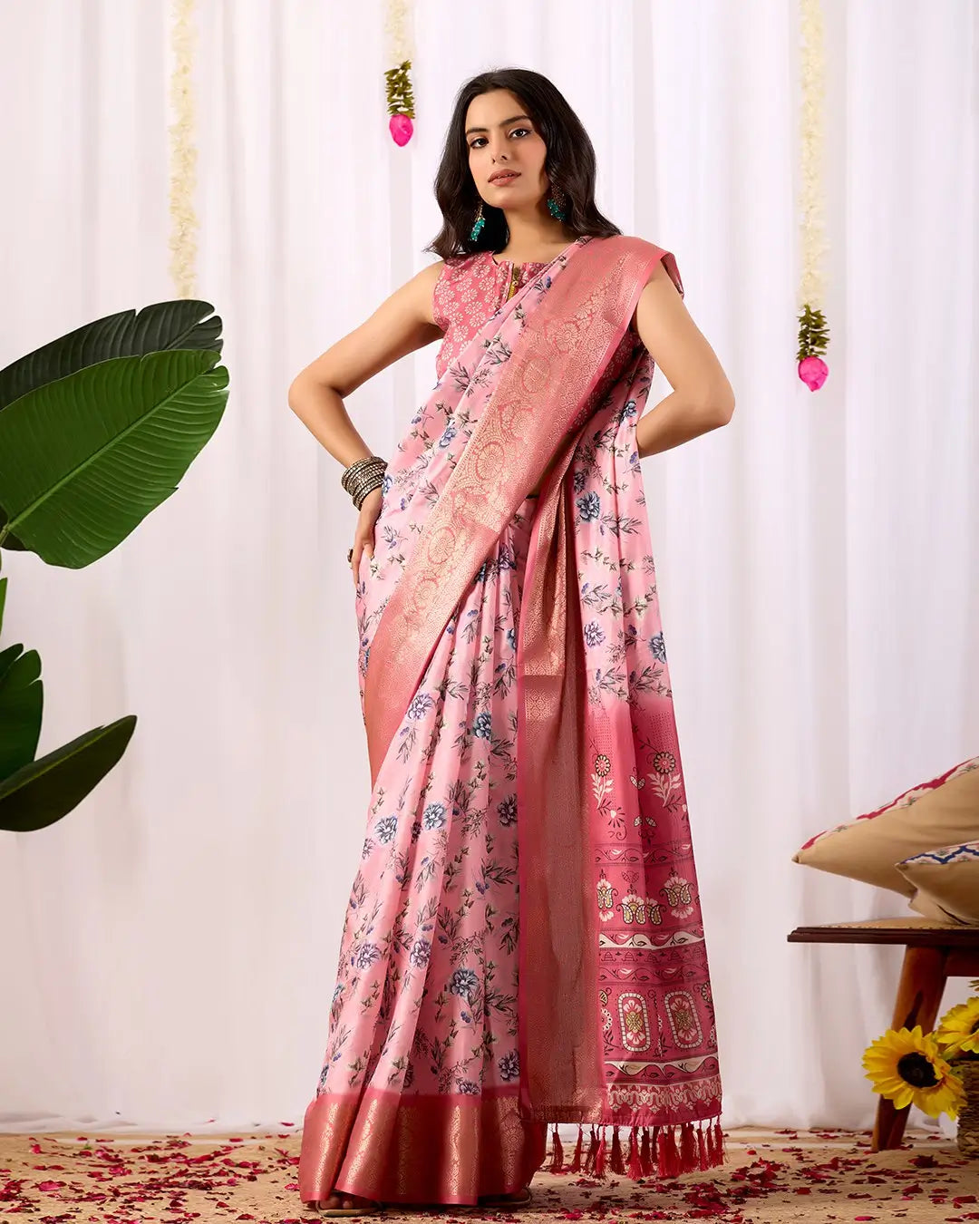 Floral Lichi Silk Saree with Zari Border