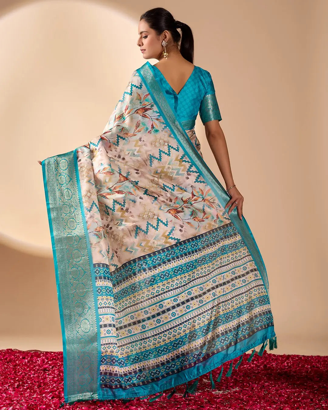 Floral Lichi Silk Saree with Zari Border
