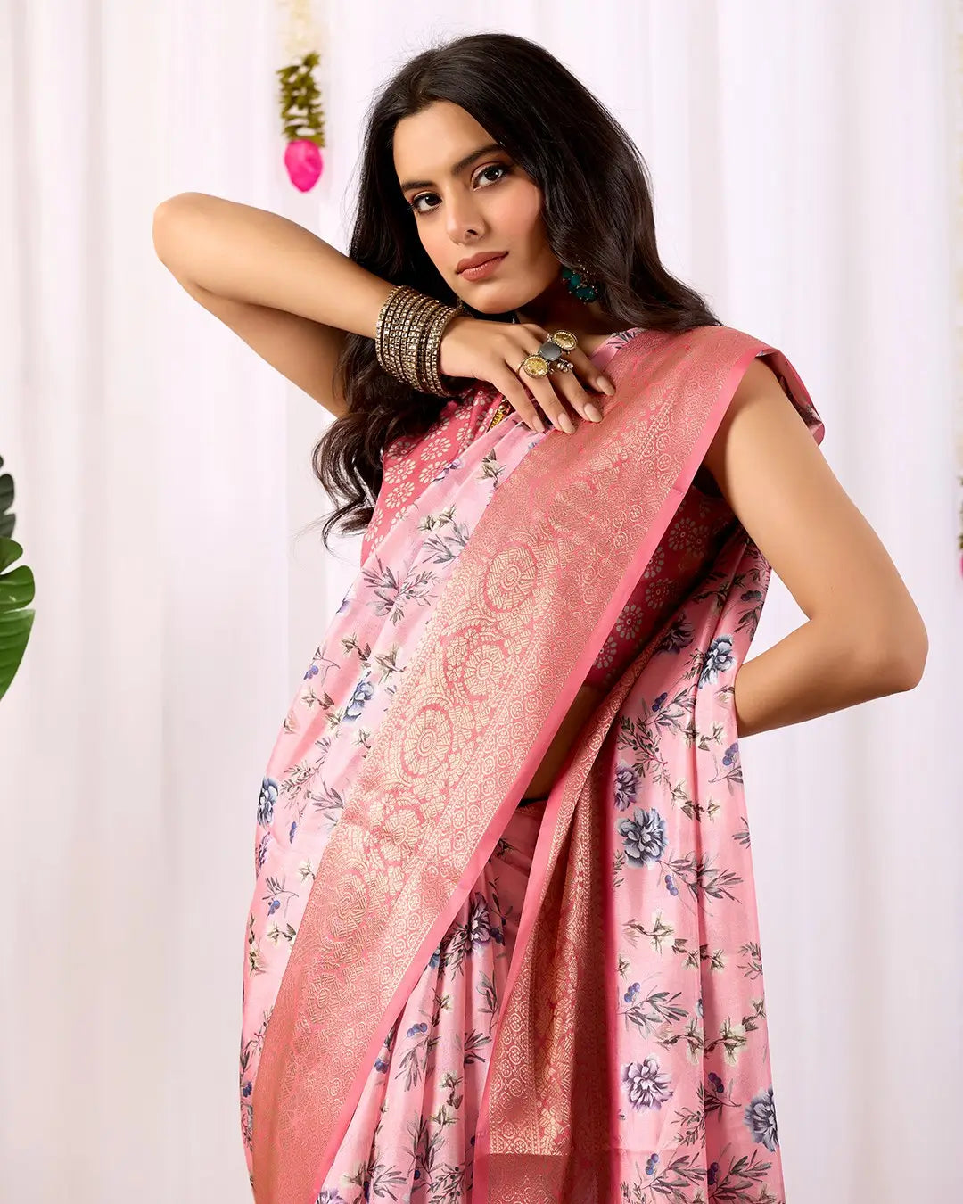 Floral Lichi Silk Saree with Zari Border