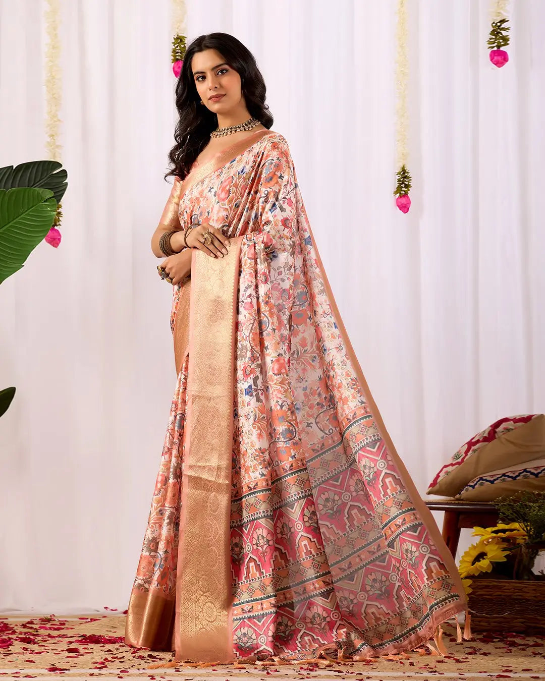 Floral Lichi Silk Saree with Zari Border