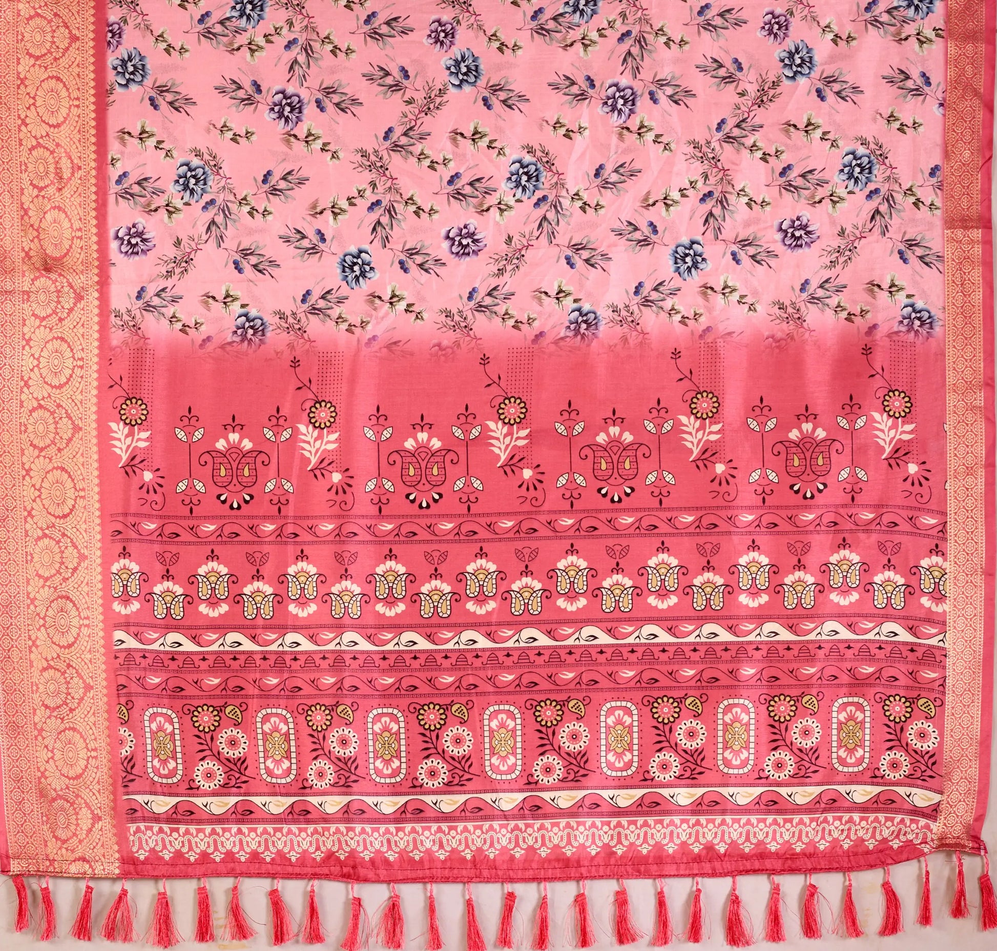 Floral Lichi Silk Saree with Zari Border