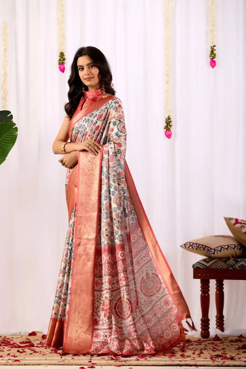 Floral Lichi Silk Saree with Zari Border