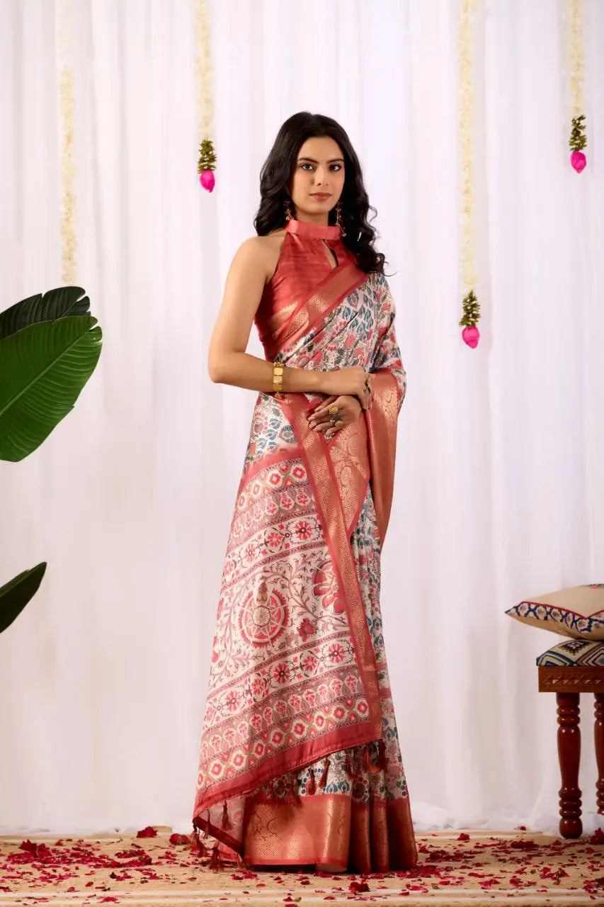 Floral Lichi Silk Saree with Zari Border