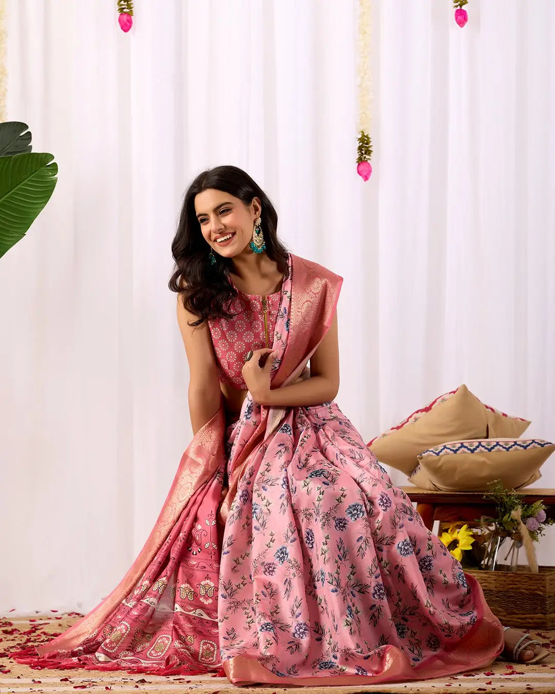 Floral Lichi Silk Saree with Zari Border