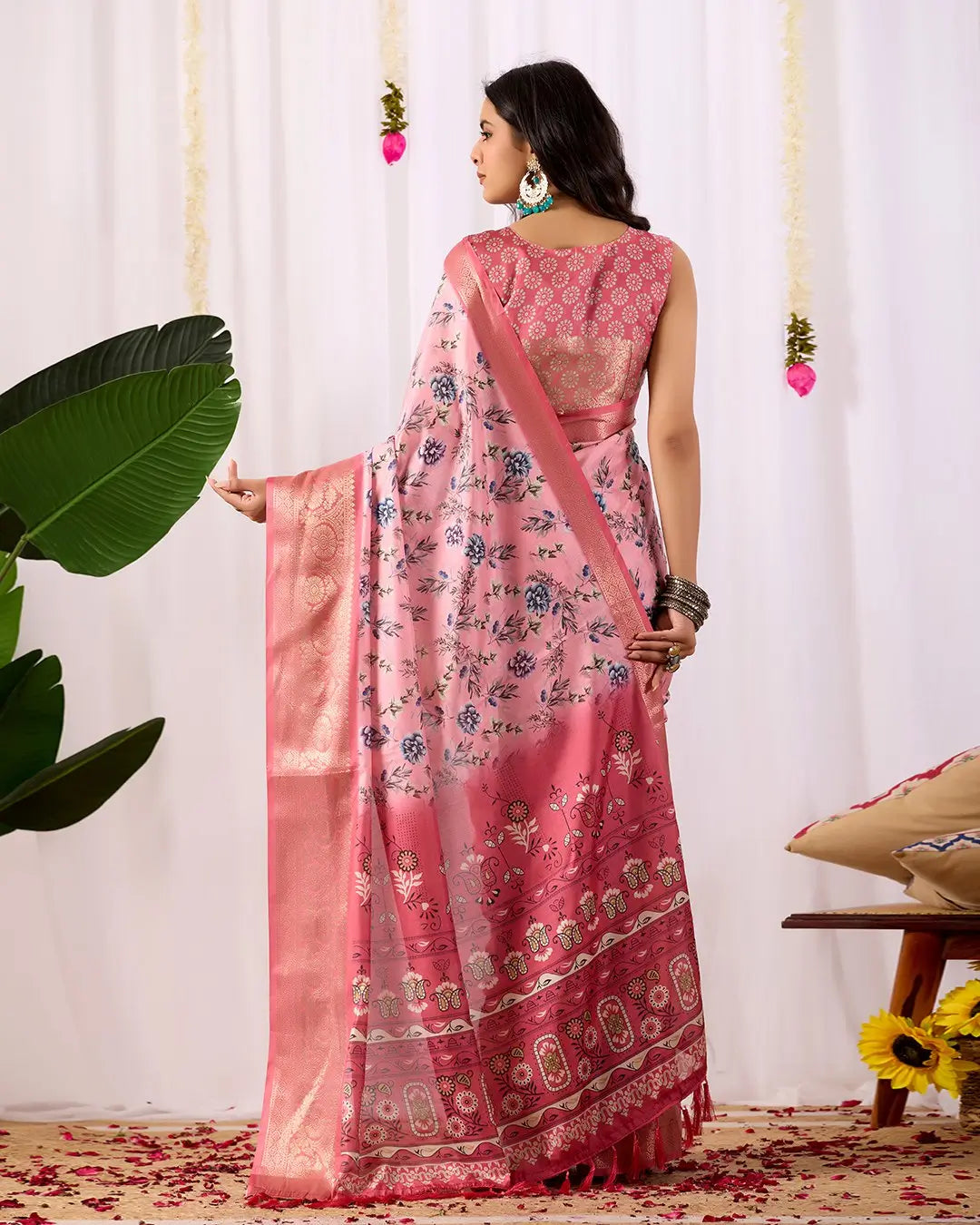Floral Lichi Silk Saree with Zari Border