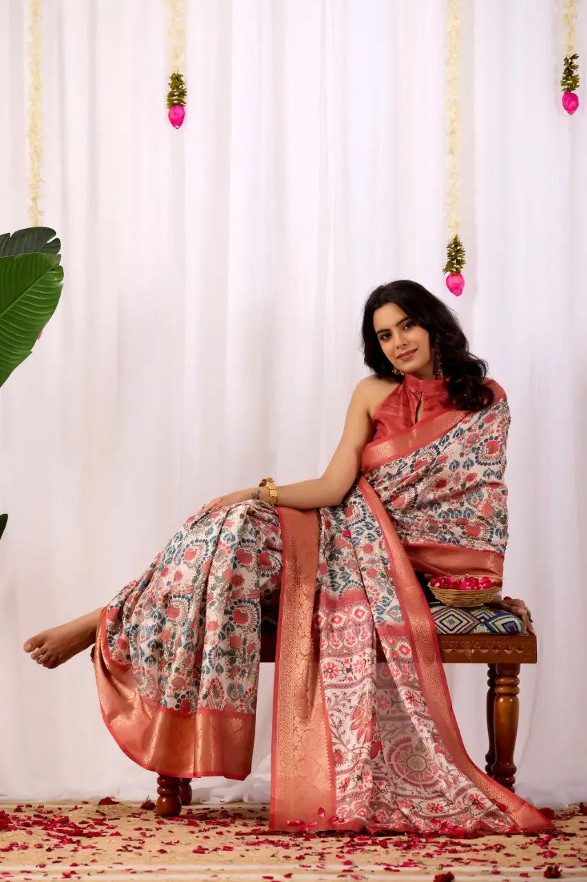 Floral Lichi Silk Saree with Zari Border