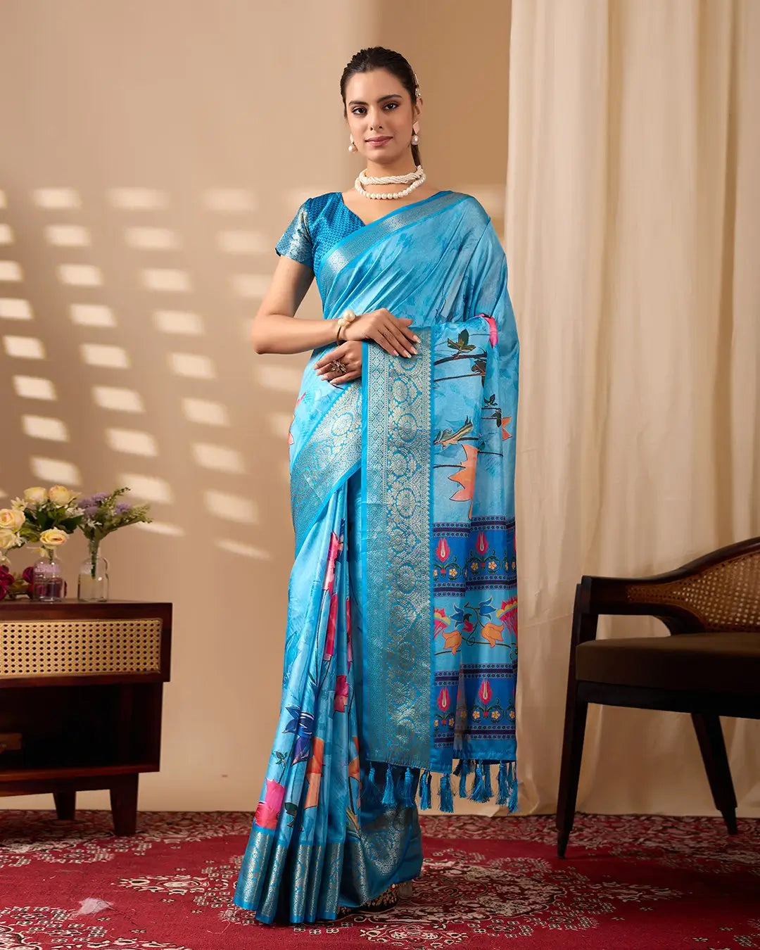Floral Lichi Silk Saree with Zari Border