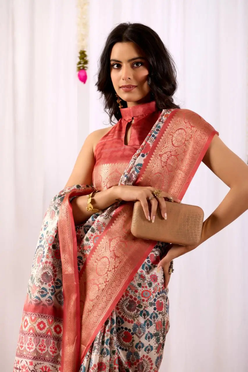 Floral Lichi Silk Saree with Zari Border