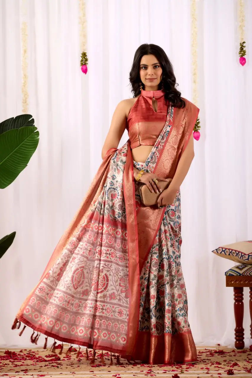 Floral Lichi Silk Saree with Zari Border